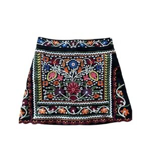 Lulus Don't Stop the Party Black Floral‎ Embroidered A line Mini Skirt Sz Med